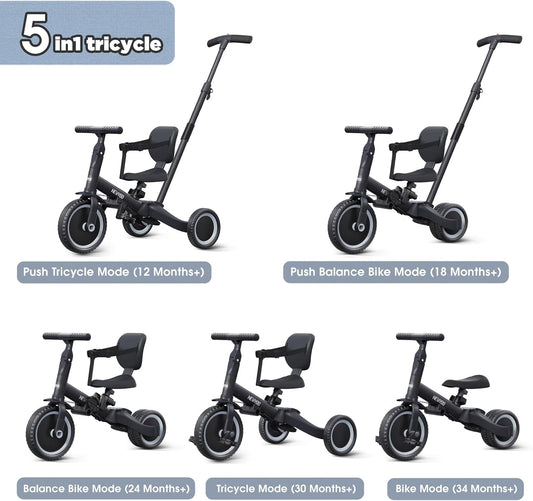 newyoo Toddler Tricycle with Push Handle for 1-3 Year Old, Toddler Bike, Birthday Gift and Toy for Boys and Girls, 5 in 1 Kids Trike, Balance Bike with Backrest and Safety Belt, Khaki, TR007