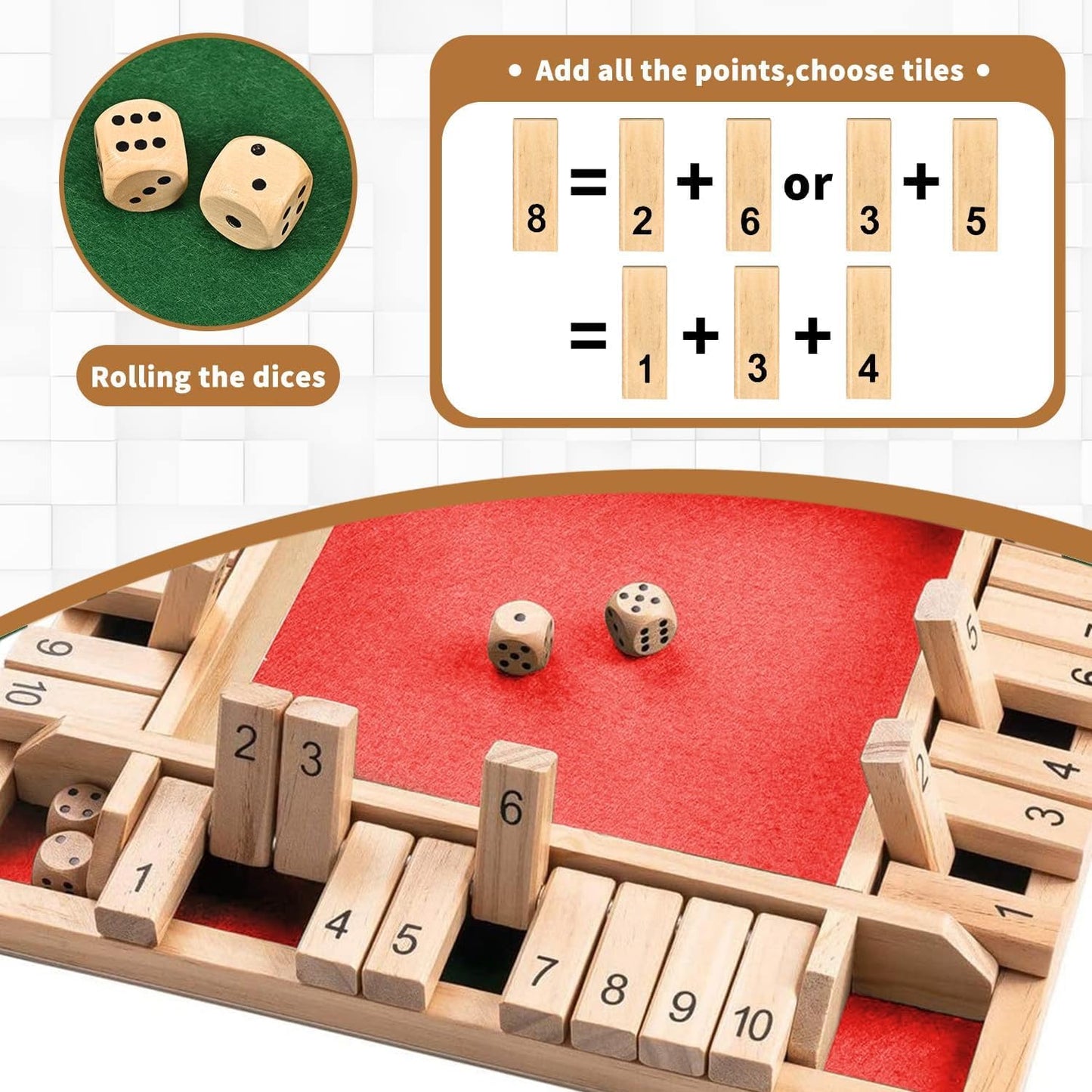 1-4 Players Shut The Box Dice Game, 10 Numbers Traditional Wooden Pub Bar Board Family Table Mat Game Dice for Adults