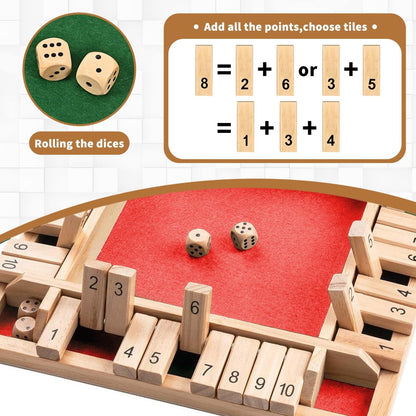 1-4 Players Shut The Box Dice Game, 10 Numbers Traditional Wooden Pub Bar Board Family Table Mat Game Dice for Adults