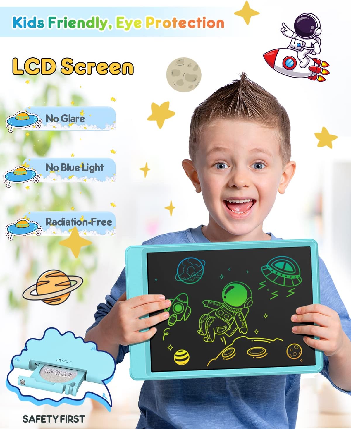 FLUESTON LCD Writing Tablet for Kids, 10 Inch Doodle Board, Colorful Drawing Pad for Toddler, Educational Travel Toy Gifts for 3-8 Year Old Girls Boys, Erase Lock Writing Board
