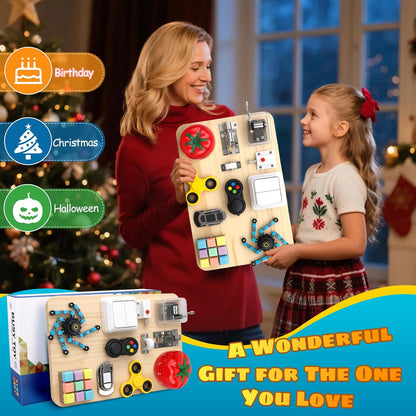 Umnodobn Montessori Busy Board for Toddlers, 11-in-1 Sensory Learning Travel-Friendly Activity Board, Fine Motor Skills Toy, Screen, Birthday Holiday Presents for Boys Girls 3+ Years Old