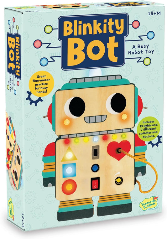 Peaceable Kingdom Blinkity Bot Light Up Busy Board for Toddlers Montessori Wooden Toy
