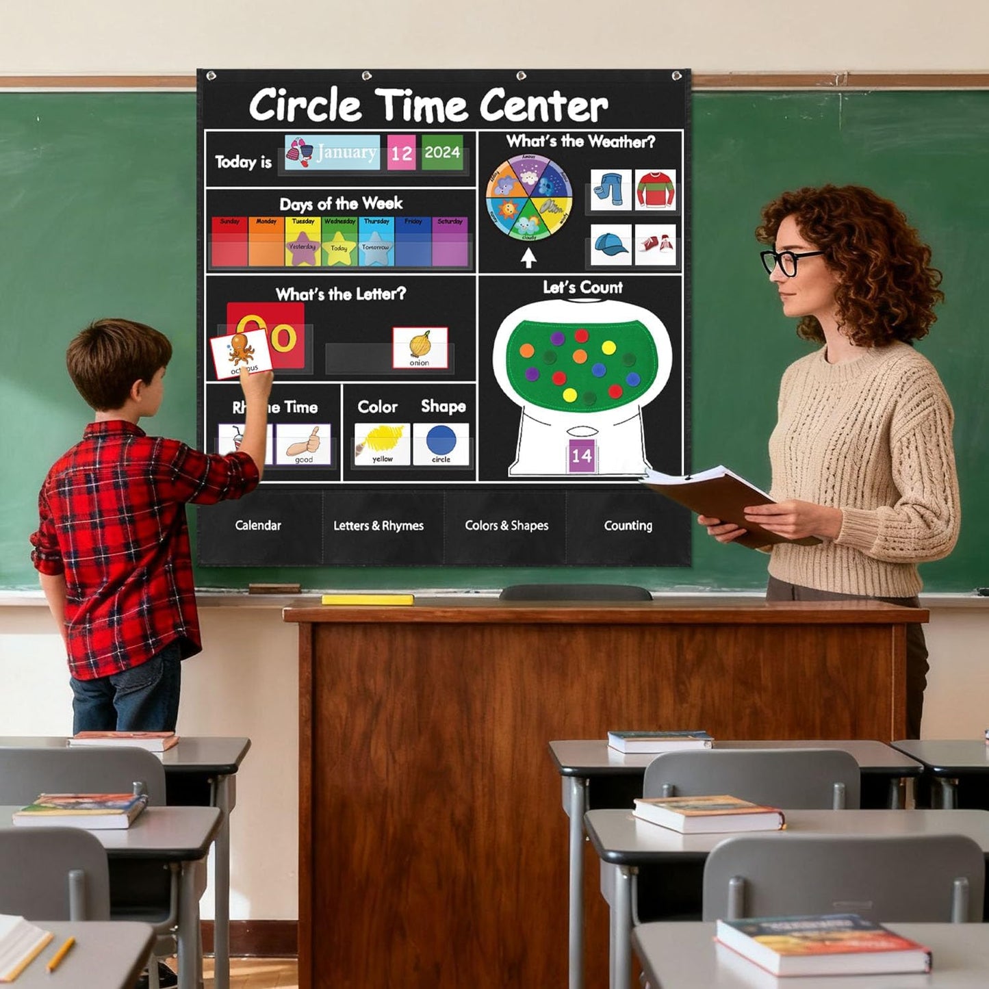 Circle Time Learning Center Pocket Chart for Classroom, Dry Erase Alphabet & Number Flash Cards, Write ABC Letter Tracing Writing Practice Games for Kids, Learning Weather Counting Color Shape