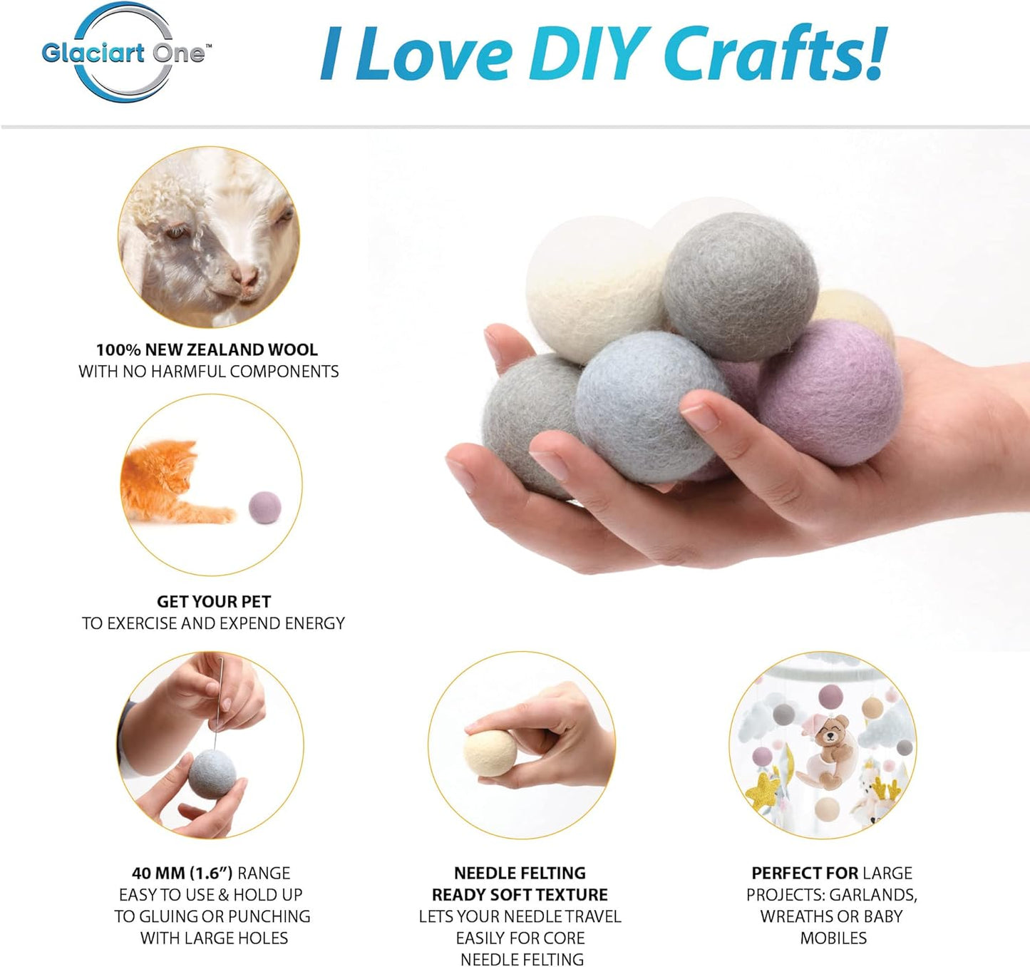 Glaciart One Felt Balls, Felt Pom Poms (5 Pieces) 4 Centimeters - 1.6 Inch, Handmade Felted 5 Vibrant Colors Wool Balls for Cats, Felting and Garland