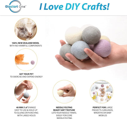 Glaciart One Felt Balls, Felt Pom Poms (5 Pieces) 4 Centimeters - 1.6 Inch, Handmade Felted 5 Vibrant Colors Wool Balls for Cats, Felting and Garland