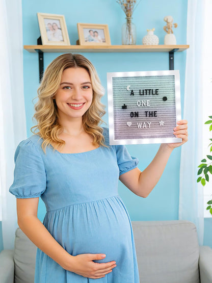 Changeable Felt Letter Board with LED Lights - 10×10" Message Custom Signs & Wood Stand & 450 Letters, Poster Board for Baby/Pregnancy Announcement/Classroom Wall Graduation Decor Gifts, Camel