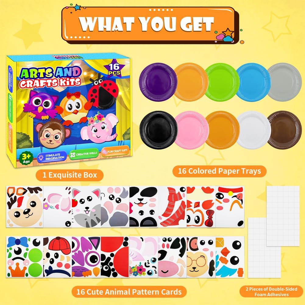 16 Pack Arts and Crafts for Kids, Toddler Crafts Animal Paper Plate Art Kit Gift for 3 4 5 6 Year Old Boys Girls DIY Kids for Birthday Party Favor Preschool Classroom Party Games