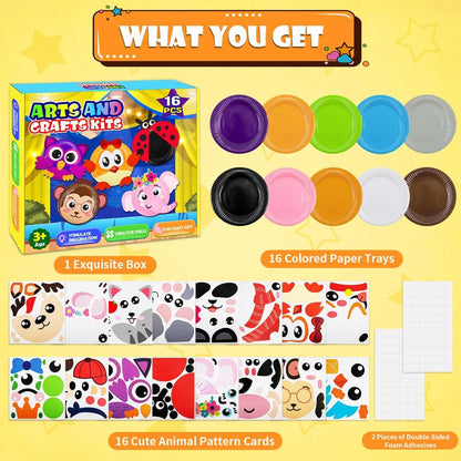 16 Pack Arts and Crafts for Kids, Toddler Crafts Animal Paper Plate Art Kit Gift for 3 4 5 6 Year Old Boys Girls DIY Kids for Birthday Party Favor Preschool Classroom Party Games