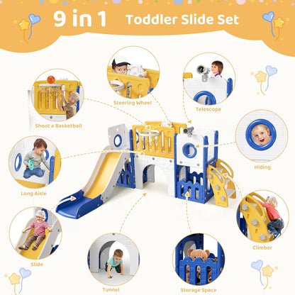 Arlopu 9 in 1 Toddler Slide Set, Kids Large Climber Slide Playset w/Long Slope, Telescope, Storage Space, Enclosed Steps, Indoor Outdoor Playground (White & Gray)