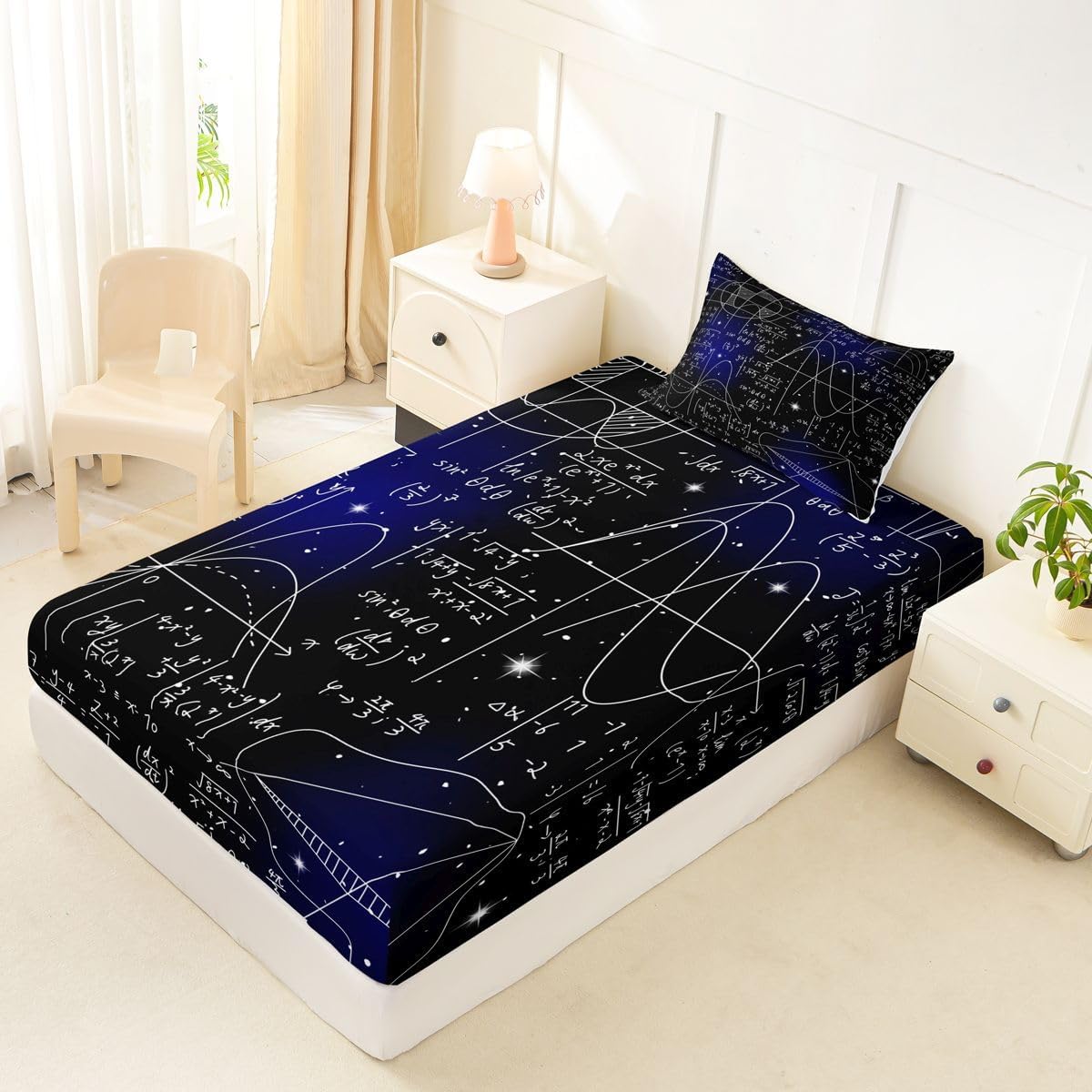 Erosebridal Chemistry Lab Fitted Sheet Twin Size Chemical Equation Bed Sheets for Boys Girls Chemical Elements Science Theme Bed Set Teens Kids Science Students Bedding Set School Dorm Room Decor