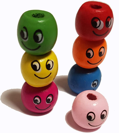 Perlin Wooden Beads with Smiley Face 60 Pieces Threading Beads Made of Wood Colourful 3mm Hole Bead for Craft Making Decorations and DIY Crafts