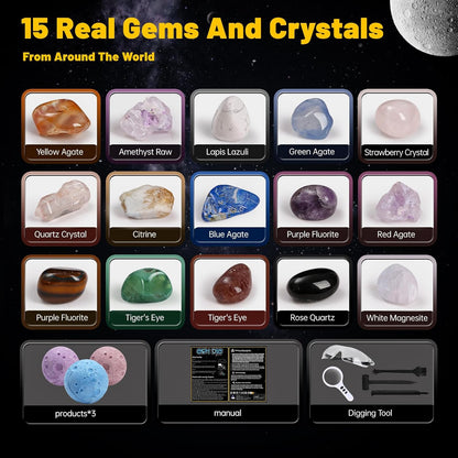 Gemstones Dig Kit, Science Kit for Kids, Dig up 15 Real Gems & Explore Solar System, STEM Educational Mining Space Toys, Archaeology Geology Science Experiments Gift for Boys&Girls Age 6-8-12