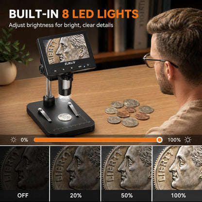 Elikliv Microscope, LCD Digital Coin Microscope 1000x, Coin Magnifier with 8 Adjustable LED Lights, PC View Compatible with Windows/MacBook, EDM4, 4.3-Inch