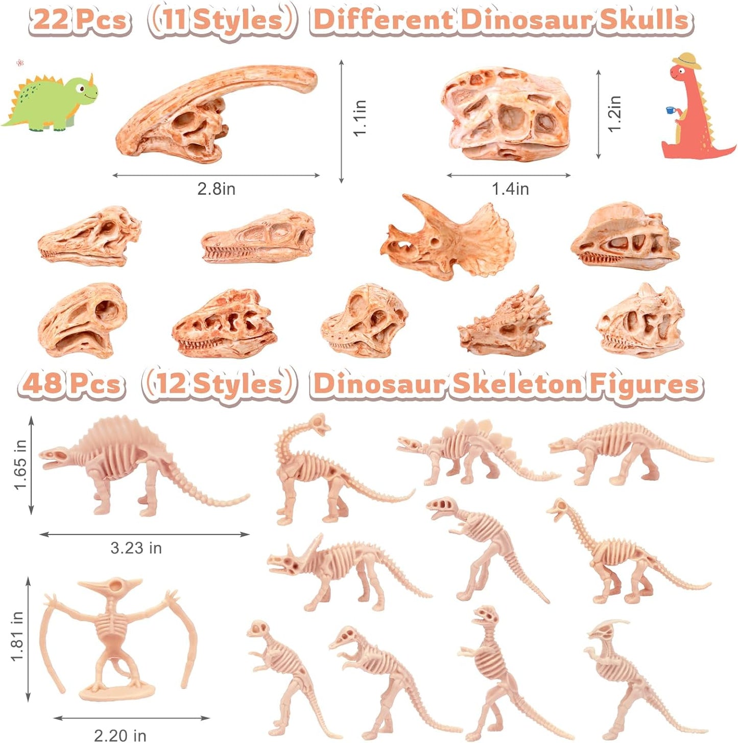 70PCS 3.7 Inch Dinosaur Bone for Sandbox Brown Dinosaur Fossil Skeleton Plastic Skull Dino Dig Toy Kit for Puzzle Game Sensory Bin Birthday Party Dino Scavenger Hunt Science Class Prize Cupcake