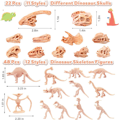 70PCS 3.7 Inch Dinosaur Bone for Sandbox Brown Dinosaur Fossil Skeleton Plastic Skull Dino Dig Toy Kit for Puzzle Game Sensory Bin Birthday Party Dino Scavenger Hunt Science Class Prize Cupcake