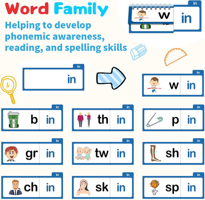 Word Family Build Book, 30 Read and Rhyme Flip Activity Book, Dinosaur ABC Learn to Read Phonics Flash Cards for Preschool/Kindergarten, CVC Words Reading Games for Kids Ages 3-8