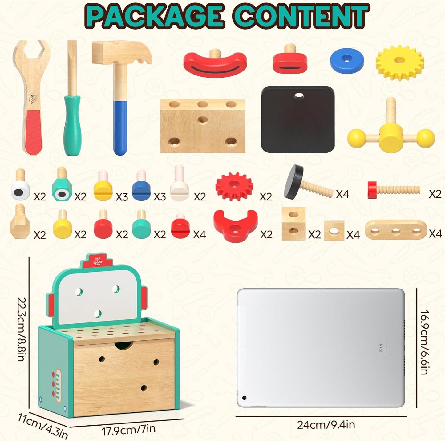 Lehoo Castle Kids Tool Set with Toolbox, Wooden Toys for 3 4 5 Years Old Boy Birthday Gift, Construction Play Tools, STEM Learning Toys for Preschooler, Pretend Play Gifts for Christmas
