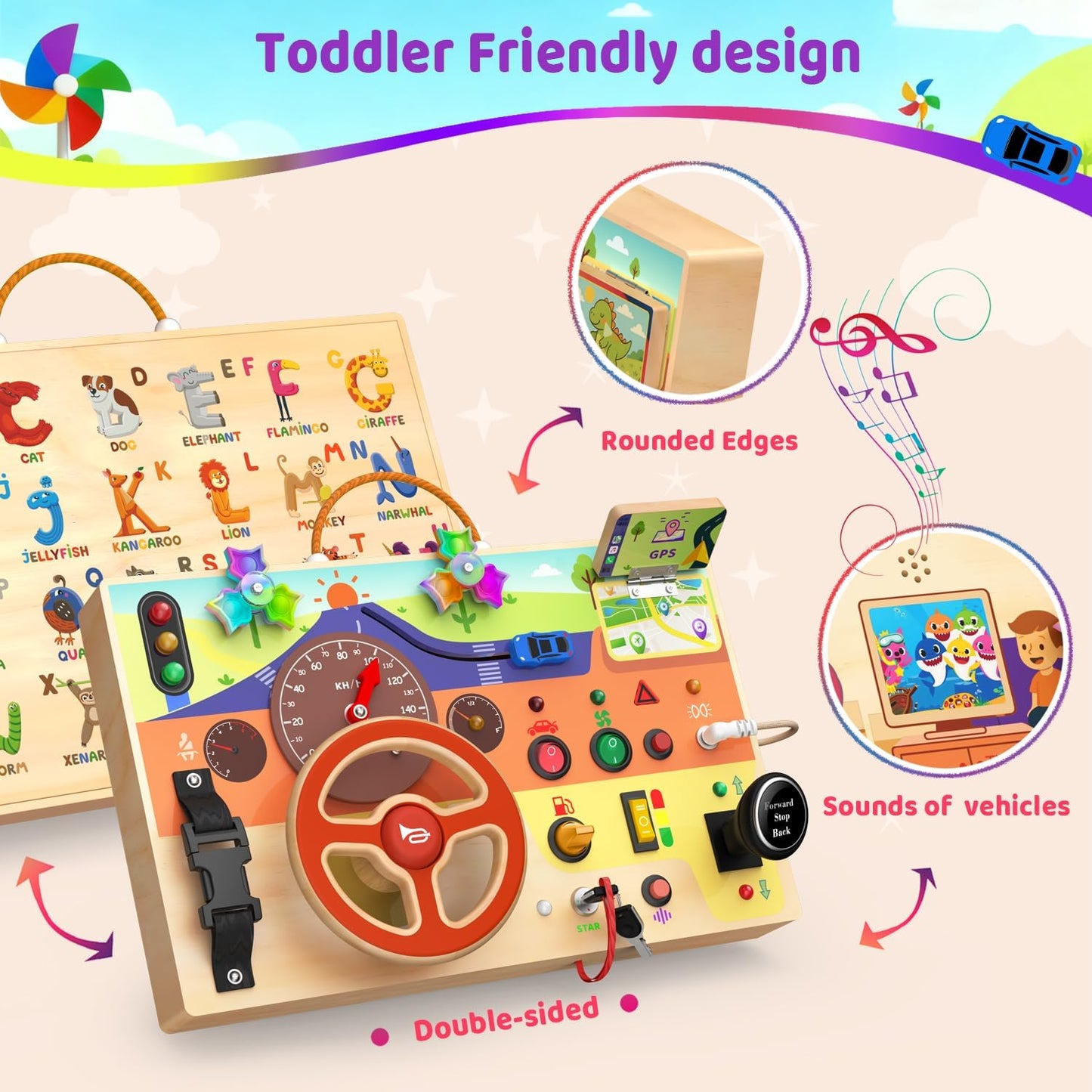 UdoUto Montessori Wooden Busy Board for Toddlers with LED Light Lights & Switches,Portable Activity Board for Car & Airplane Travel Toys, Christmas & Birthday Gift for 1-3 Year Old Boys & Girls