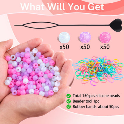 150Pcs 10mm Small Silicone Beads for Hair Braids, Soft Jellyish Pony Hair Beads with 5mm Hole + 50 Rubber Bands and 1 Beader for Braiding, DIY Bracelets Necklaces Crafts (Pink)
