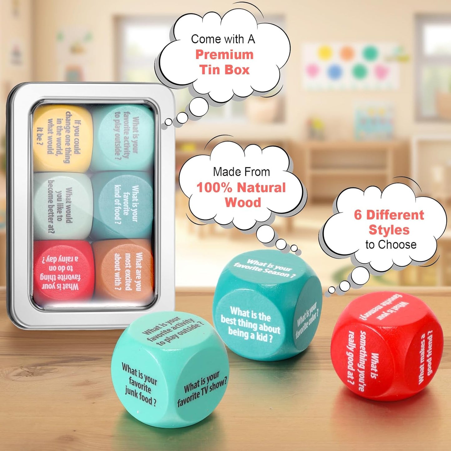 Simgoing 6 Pcs Conversation Cube Ice Breaking Supplies Table Talk Topic Cube Social Emotional Learning Activities Wood Conversation Starter Dice with Tin Box for Kid Counselor Therapist