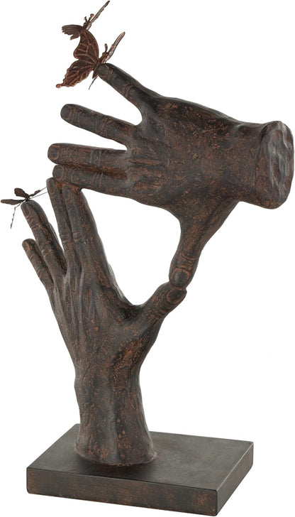 Deco 79 Polystone Hands Decorative Sculpture Weathered Patina Linked Home Decor Statue with Block Base and Gold Accents, Accent Figurine 9" x 4" x 10", Black