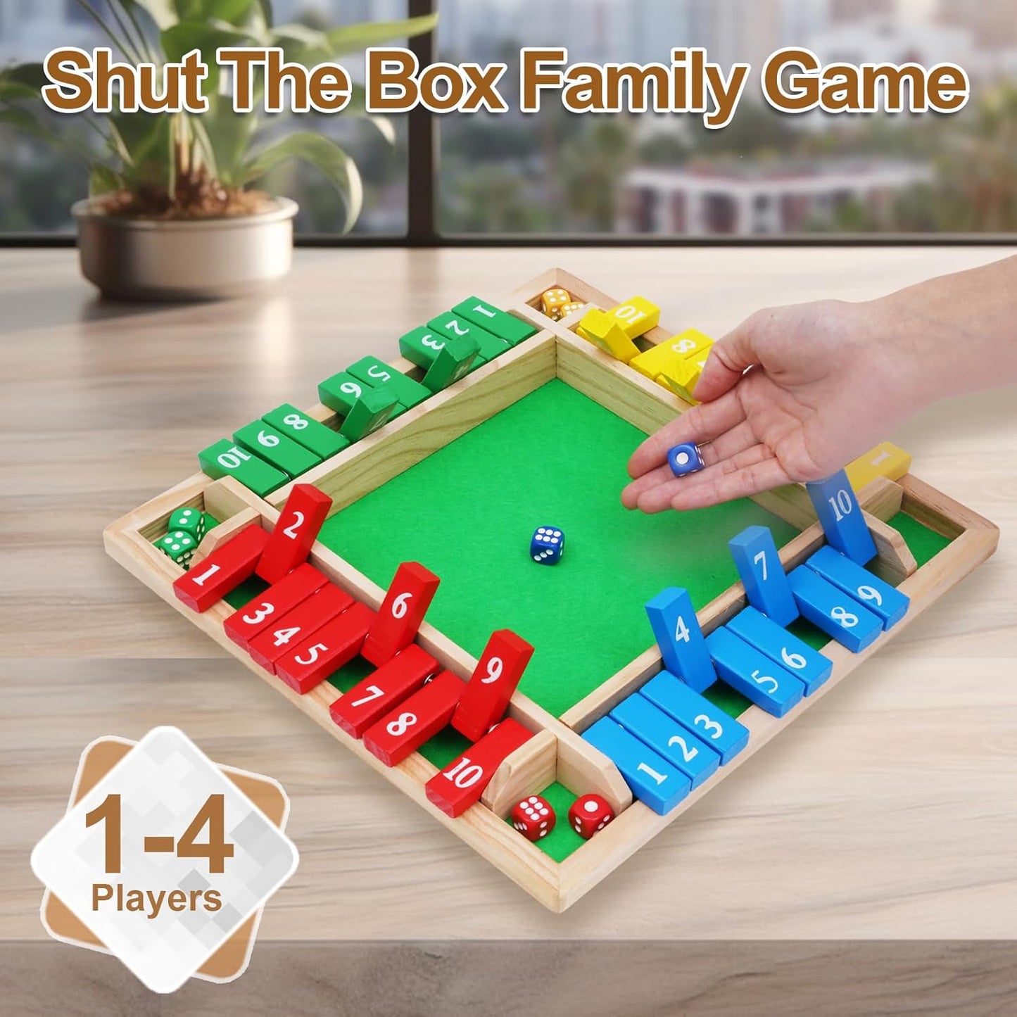 1-4 Players Shut The Box Dice Game, 10 Numbers Traditional Wooden Pub Bar Board Family Table Mat Game Dice for Adults