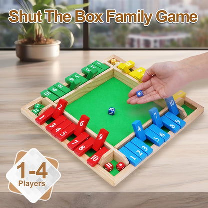 1-4 Players Shut The Box Dice Game, 10 Numbers Traditional Wooden Pub Bar Board Family Table Mat Game Dice for Adults