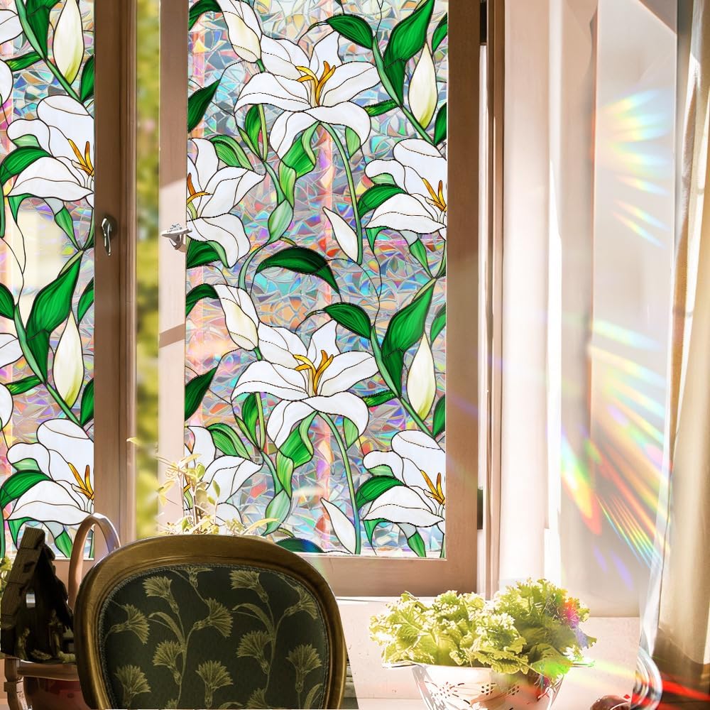 Flower Stained Glass Window Film Decorative Static Cling Stickers Sun Blocking Privacy Decals for Home Car White Lily