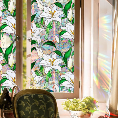 Flower Stained Glass Window Film Decorative Static Cling Stickers Sun Blocking Privacy Decals for Home Car White Lily