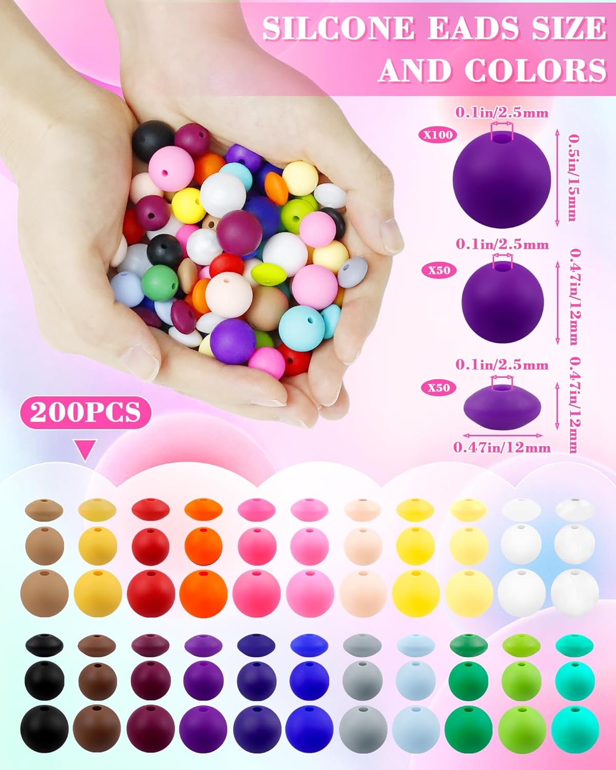 200Pcs FIVEIZERO Mixed Silicone Beads for Keychain Making, 12mm 15mm Round and 12mm Lentil Silicone Beads for Pens Bracelet Necklace DIY Crafts(Black)