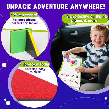 Travel Magnetic Tangram Puzzle - 3D Building Blocks for Road & Plane Travel STEM Toy with 360 Shape Dissection Puzzles & Brain Teasers, Educational IQ Gift for Kids & Adults