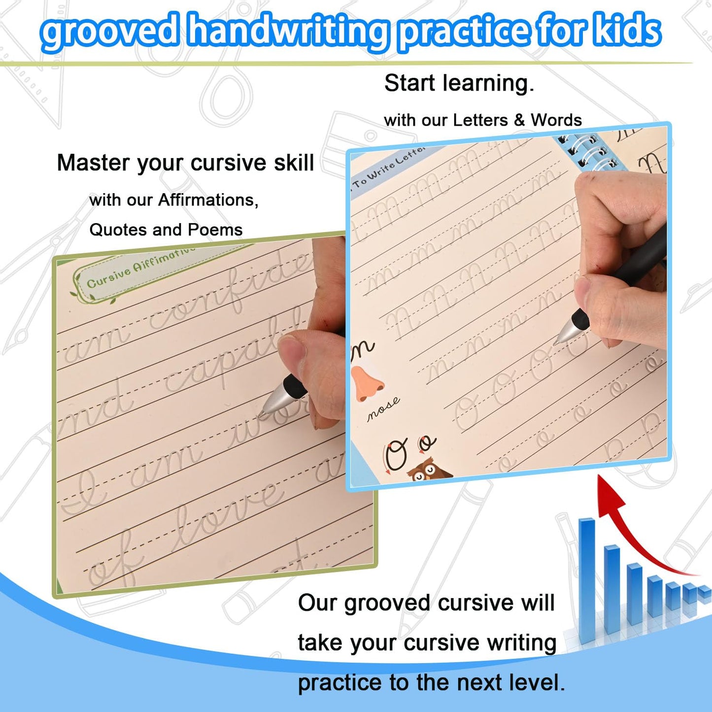2 Pack Grooved Cursive Handwriting Workbook, Magic Reusable Grooved Handwriting Practice with Disappearing Ink Pens Cursive Writing Practice Book for Kids Beginners（2pc+Pens）（10.2in x 7.3in）
