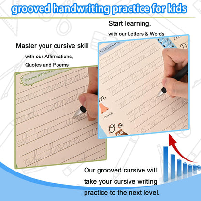 2 Pack Grooved Cursive Handwriting Workbook, Magic Reusable Grooved Handwriting Practice with Disappearing Ink Pens Cursive Writing Practice Book for Kids Beginners（2pc+Pens）（10.2in x 7.3in）