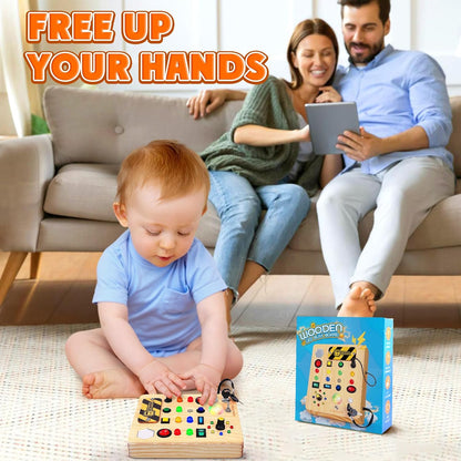 TINTECUSA Busy Board Montessori Toys for Toddler, Wooden Sensory Board Switch Toy with Shape Sorter LED Light Up Toys Educational Plane Travel Activity for Girls & Boys