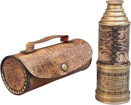 Antique Brass Pirate Telescope – Vintage Handheld Spyglass – Nautical Monocular Telescope for Kids, Cosplay, Décor, or Gifts – Foldable Brass Scope with Leather Box
