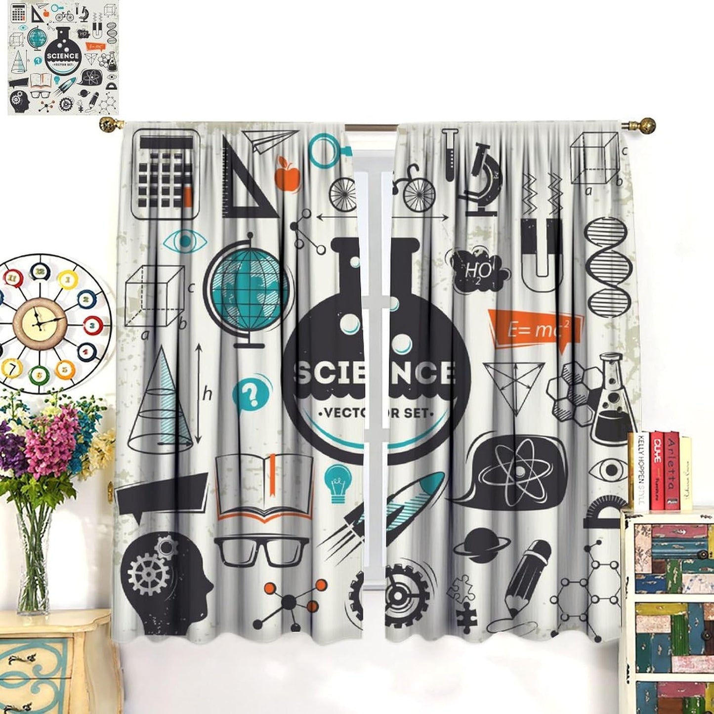 Science Physics Window Curtains, Abstract Math Chemistry Curtain Scientist Graffiti Print Window Treatments for Kids Teens Bedroom Living Room Kitchen Set 2 Panels,42x63 Inches