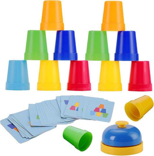 SEISSO Quick Stacking Cups Game for Kids，Classic Matching Speed Stacking Cups Set with 30 Cups & 54 Cards，Color Sorting Cognitive Training Parent-Child Interactive Family Game Toy for Party Travel