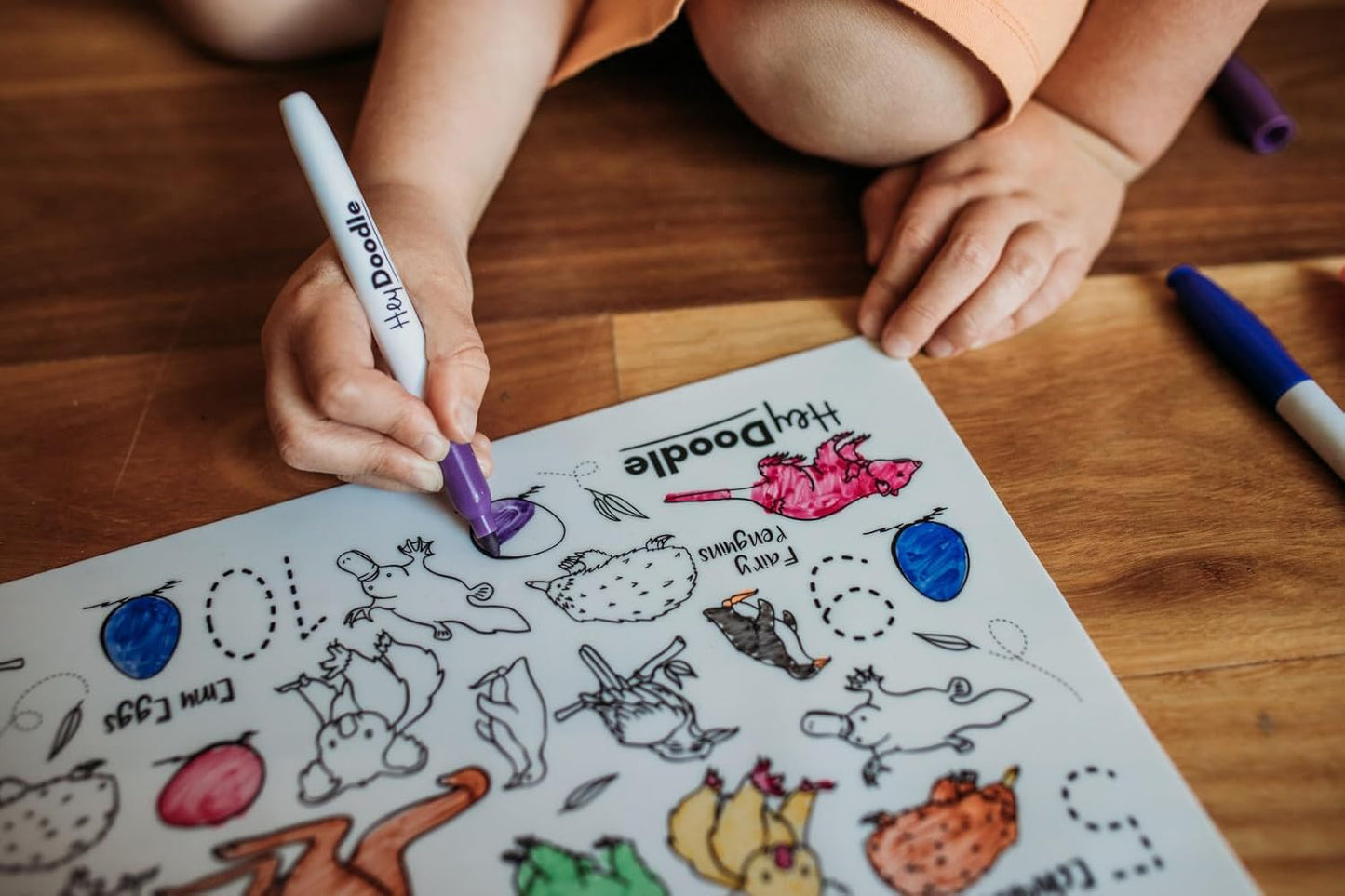 HeyDoodle Into The Wild Classic Doodle Mat – Reusable Silicone Alphabet Coloring Mat for Toddlers and Kids – Educational Animal Activity Pad with 9 Markers – Mess-Free Travel Toy – Ages 3-7