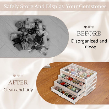 Bfttlity Acrylic Rock Display Case,54 Grids Rock Collection Box for Kids with Mini Magnifying Glass and Gloves, Clear Display Cases for Stones Collectibles Gemstone Crystals Storage Boxes