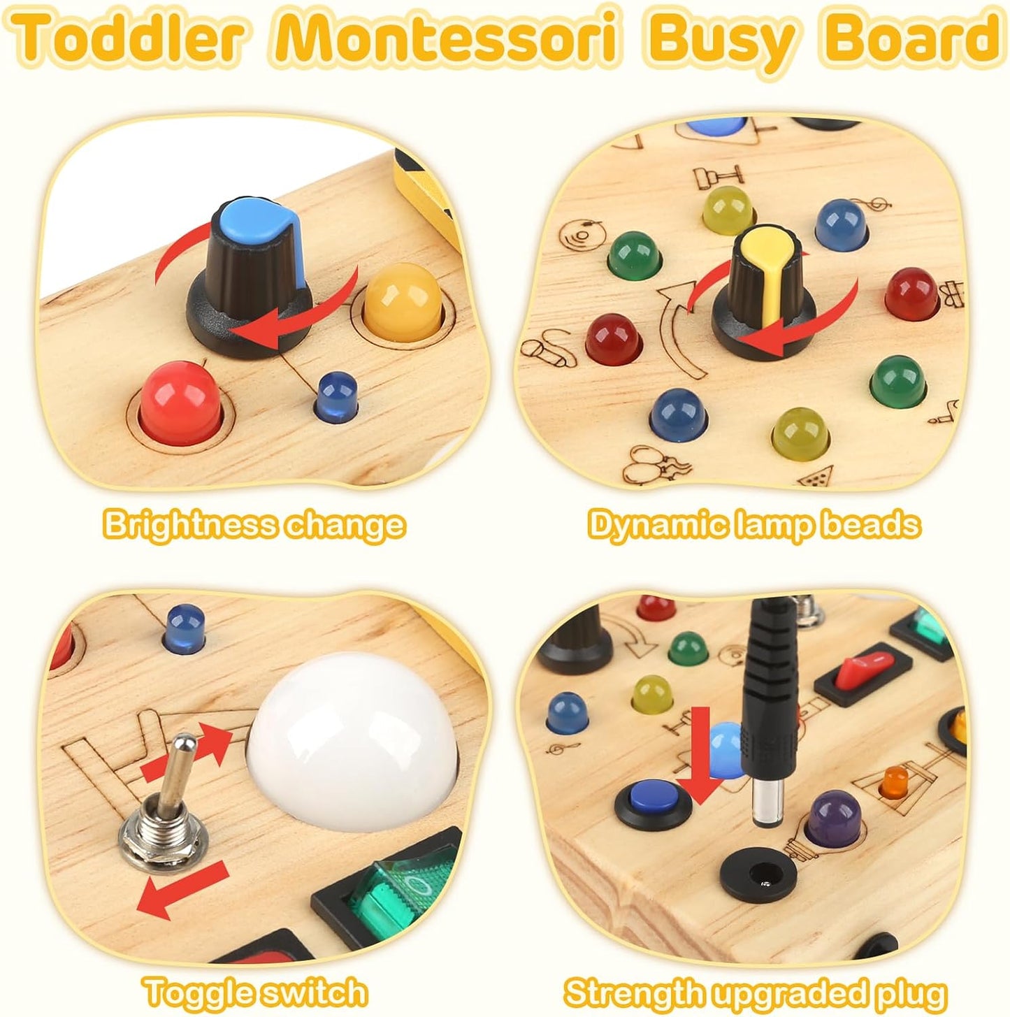 Sanlebi LED Busy Board for Toddlers 1-3,Montessori Toy with Key Switch, Light Up Wood Activity Sensory Board for Fine Motor Skills, Educational Travel Toy Gift for 1 2 3 Year Old Boys Girl