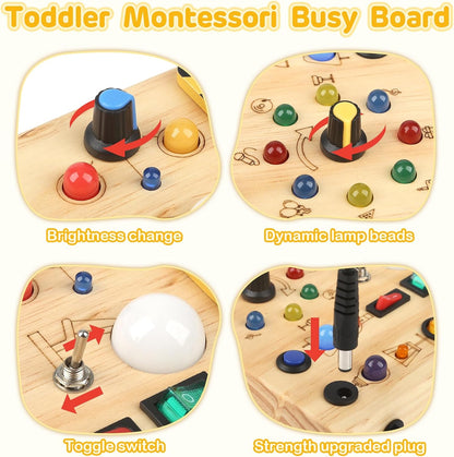Sanlebi LED Busy Board for Toddlers 1-3,Montessori Toy with Key Switch, Light Up Wood Activity Sensory Board for Fine Motor Skills, Educational Travel Toy Gift for 1 2 3 Year Old Boys Girl