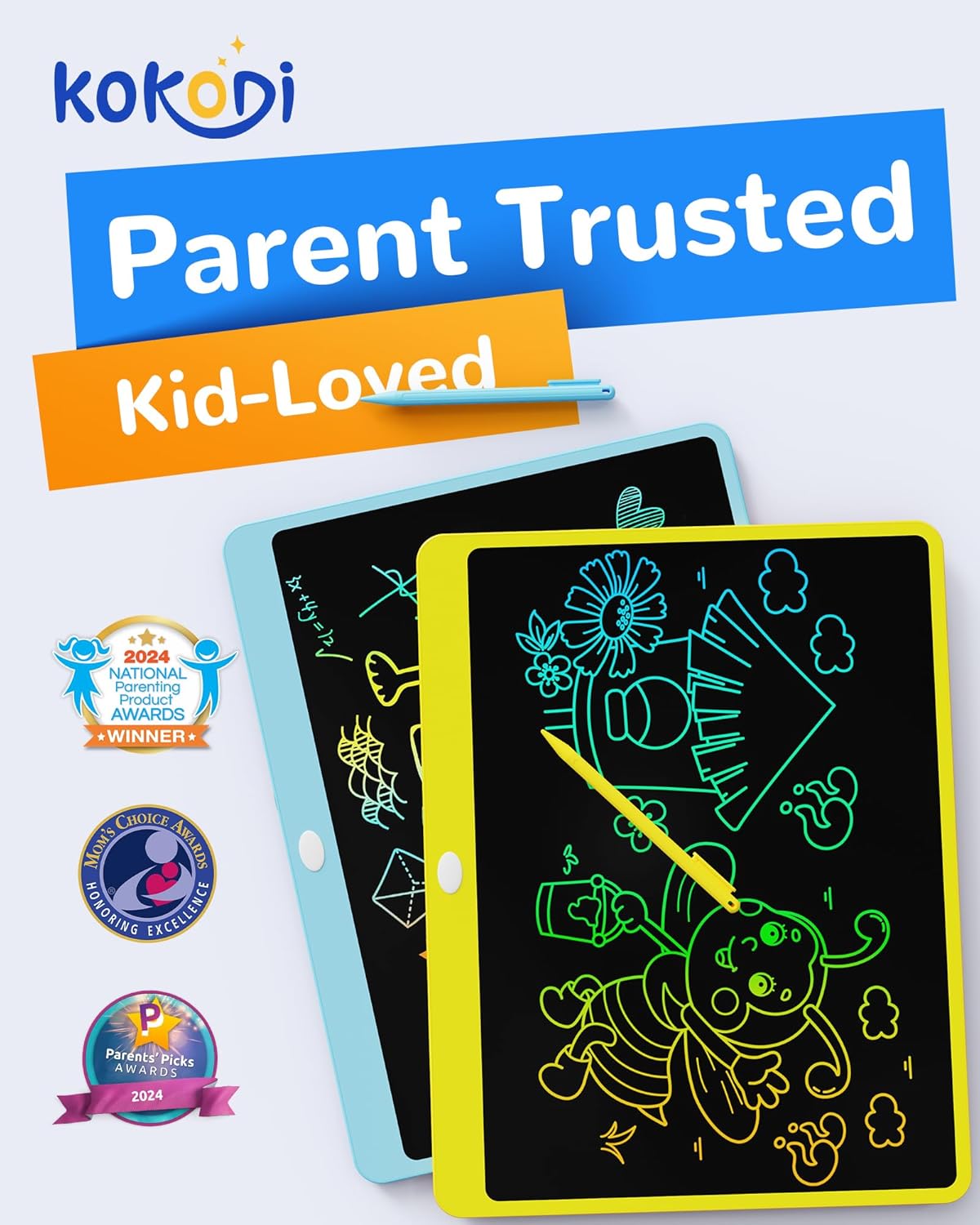 KOKODI LCD Writing Tablet, 12 Inch Colorful Toddler Doodle Board Drawing Tablet, Erasable Reusable Electronic Drawing Pads, Educational and Learning Toy for 3-6 Years Old Boy and Girls(Blue)