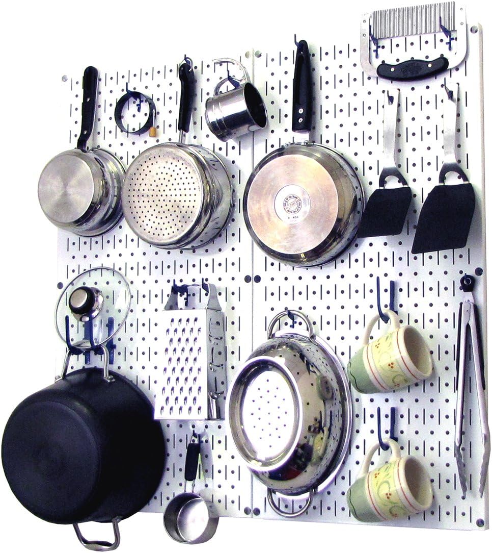 Wall Control Kitchen Pegboard Organizer Pots and Pans Storage Rack Organization Kit with Green Pegboard and White Accessories