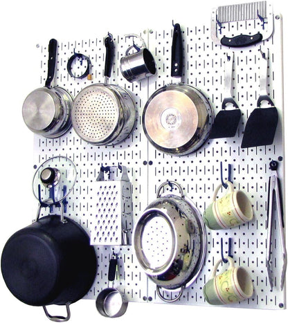 Wall Control Kitchen Pegboard Organizer Pots and Pans Storage Rack Organization Kit with Green Pegboard and White Accessories
