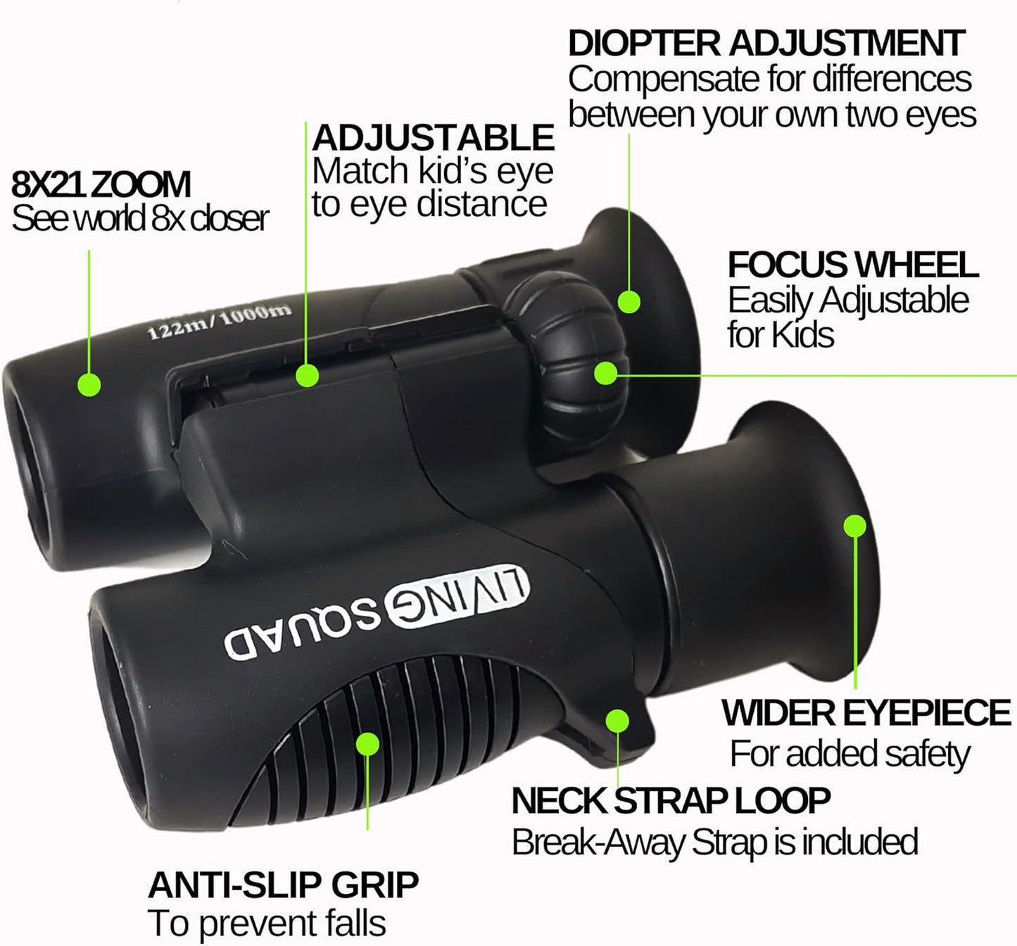 Kids Binoculars 8x21 Shockproof Green - Ages 3-12 with Case Neck Strap Compass Carabiner | High Resolution Optics for Bird Watching Camping Hiking | Birthday Gift Boys Girls