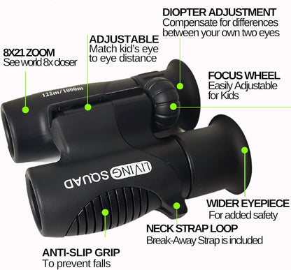 Kids Binoculars 8x21 Shockproof Green - Ages 3-12 with Case Neck Strap Compass Carabiner | High Resolution Optics for Bird Watching Camping Hiking | Birthday Gift Boys Girls