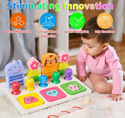 Wooden Montessori Toys for 3 Year Old，Shape Sorter Stacking Games, Fishing Games Preschool Learning Educational Toys for Boys Girls Toddlers (Little Bee)