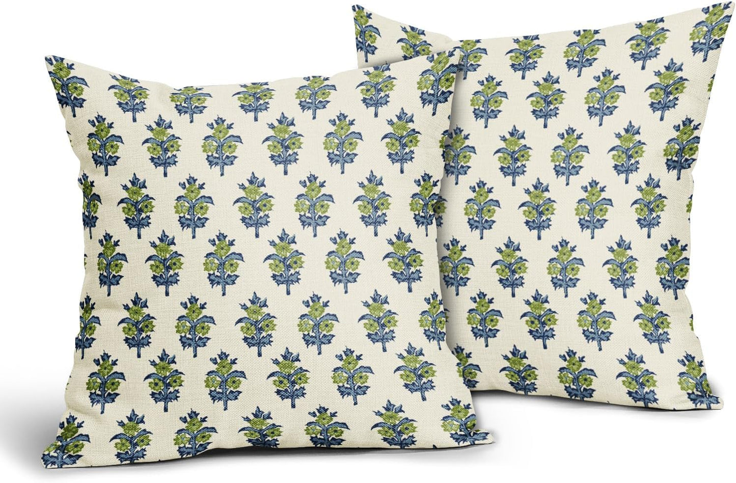 Sage Green Blue Floral Block Print Pillow Covers 18x18 Set of 2 Spring Flower Pattern Decorative Throw Pillowcases Outdoor Rustic Farmhouse Square Cushion Cases Decor for Home Couch Sofa Bed