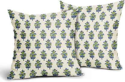 Sage Green Blue Floral Block Print Pillow Covers 18x18 Set of 2 Spring Flower Pattern Decorative Throw Pillowcases Outdoor Rustic Farmhouse Square Cushion Cases Decor for Home Couch Sofa Bed