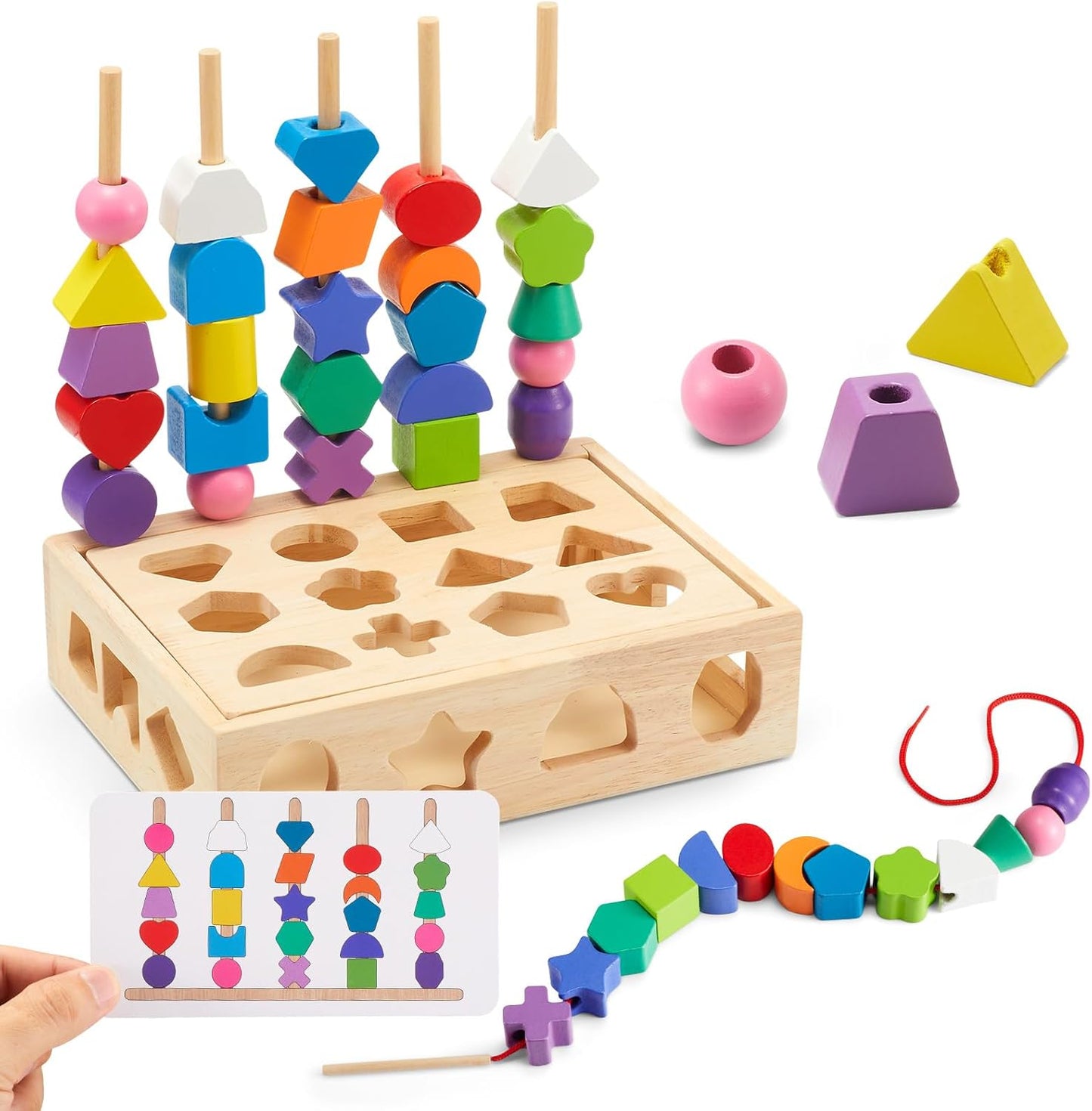 3 in 1 Montessori Wooden Toys, Lacing Beads & Stacking Blocks & Shape Sorter Sequencing Toy Set, STEM Preschool Educational Learning Fine Motor Skills Toys for Toddlers 3 4 5 Years Gifts